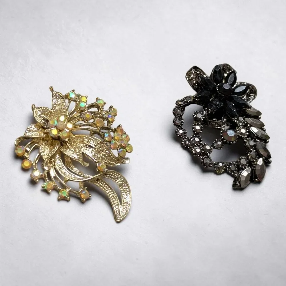 Lot of 2 Rhinestone Floral Brooches, Gold Tone & Black, Statement Flower Pins